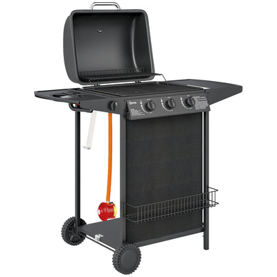 Outsunny 3+1 Burner Gas BBQ Grill, Portable Gas Barbecue Grill with Built-in Thermometer, Lid, Side Table, Shelf, Spice Rack, Wheels, Grease Cup for Garden Party Outdoor Cooking, Black 