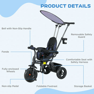 HOMCOM 6 in 1 Tricycle for Kids with 5-point harness straps, Removable Canopy, Dark Blue 