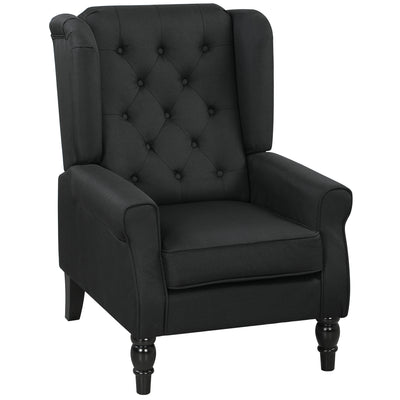 HOMCOM Retro Accent Chair, Linen Wingback Armchair with Wood Frame Button Tufted Design for Living Room Bedroom, Black 