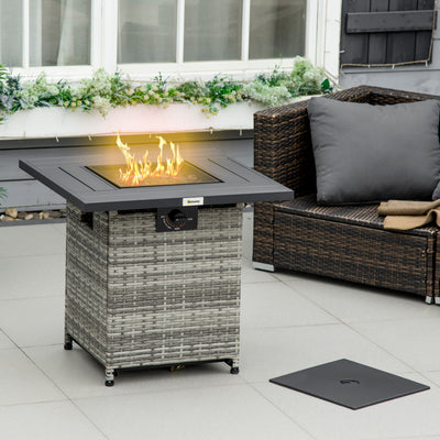 Outsunny Outdoor PE Rattan Gas Fire Pit Table, Patio Square Propane Heater with Rain Cover, Mesh Lid and Lava Stone, 40,000 BTU, Mixed Grey 