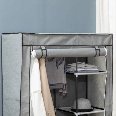HOMCOM Fabric Wardrobe, Portable Wardrobe with 6 Shelves, 1 Hanging Rail, Foldable Closets, 103 x 43 x 162.5 cm, Light Grey 