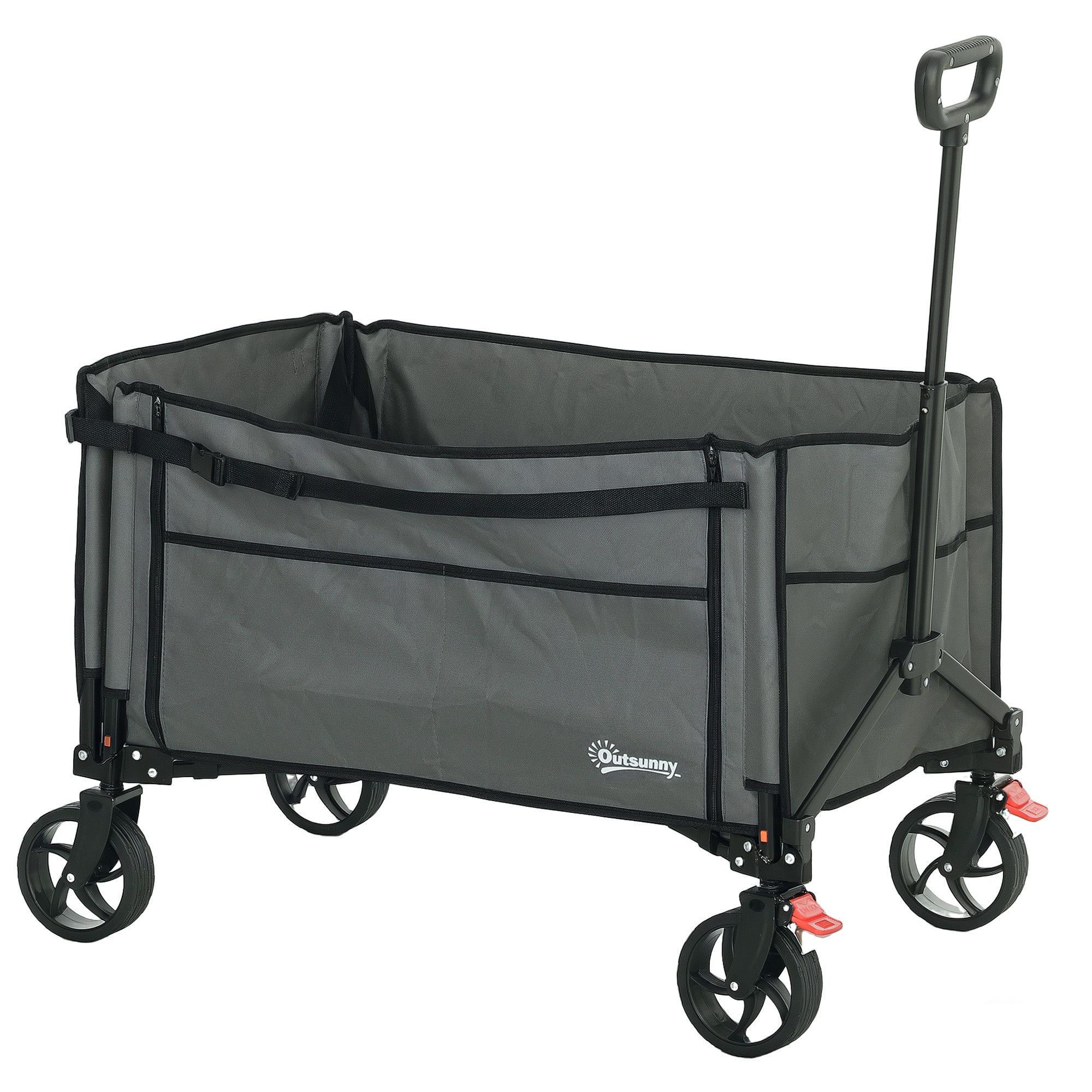 Outsunny Folding Trolley on Wheels, 150L Collapsible Wagon Festival Trolley Cart with Openable Sides, Adjustable Handle and Brakes for Shopping Camping Beach and Garden, Grey 