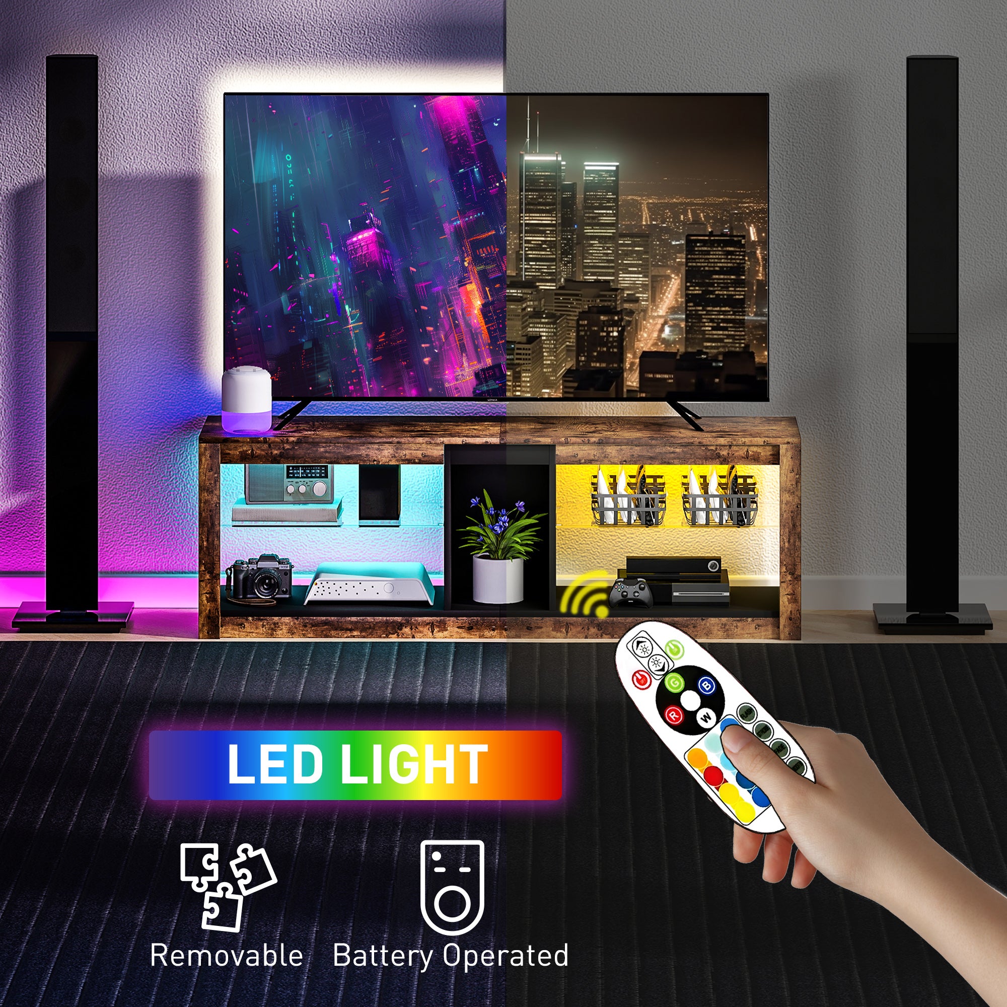 HOMCOM TV Stand Cabinet with LED Lights and Remote Control for TVs up to 65", Entertainment Centre with Storage Shelves and Compartment, Rustic Brown