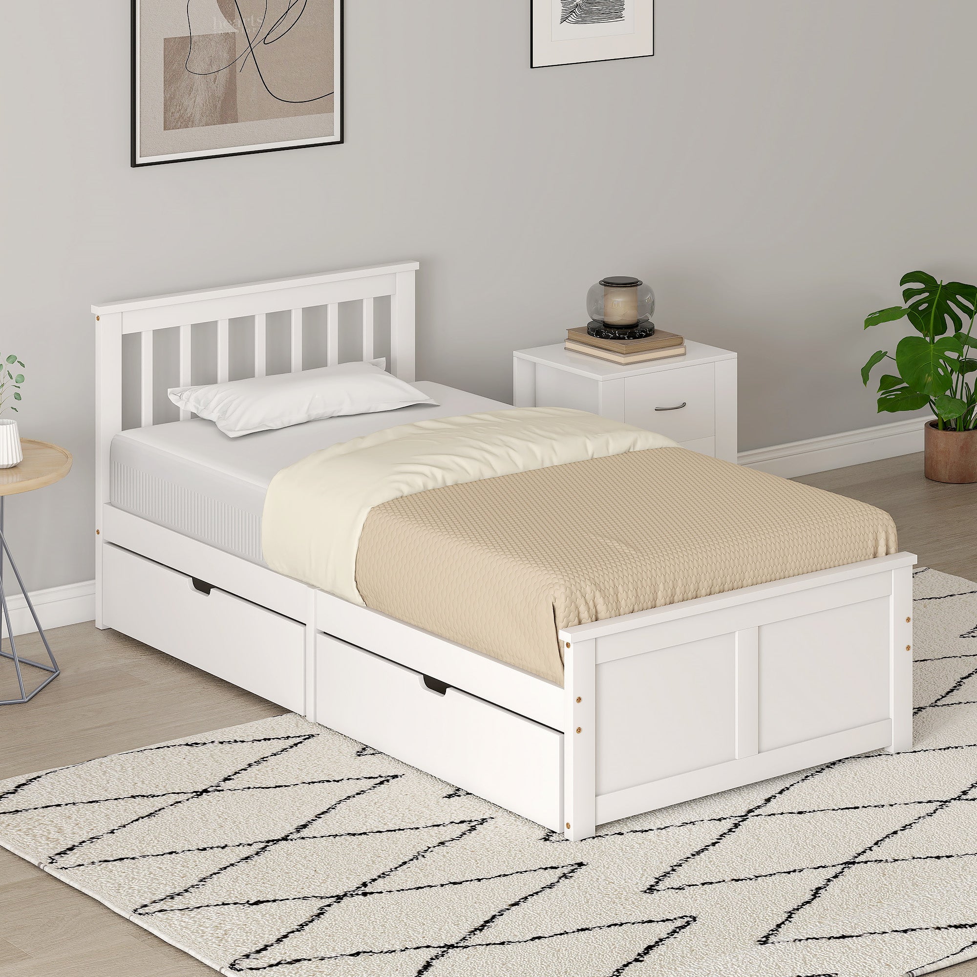 HOMCOM Wooden Single Bed Frame, with Drawers - White 