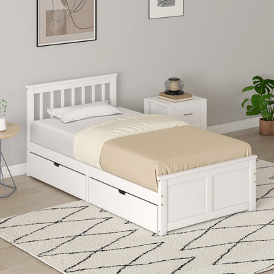 HOMCOM Wooden Single Bed Frame, with Drawers - White 