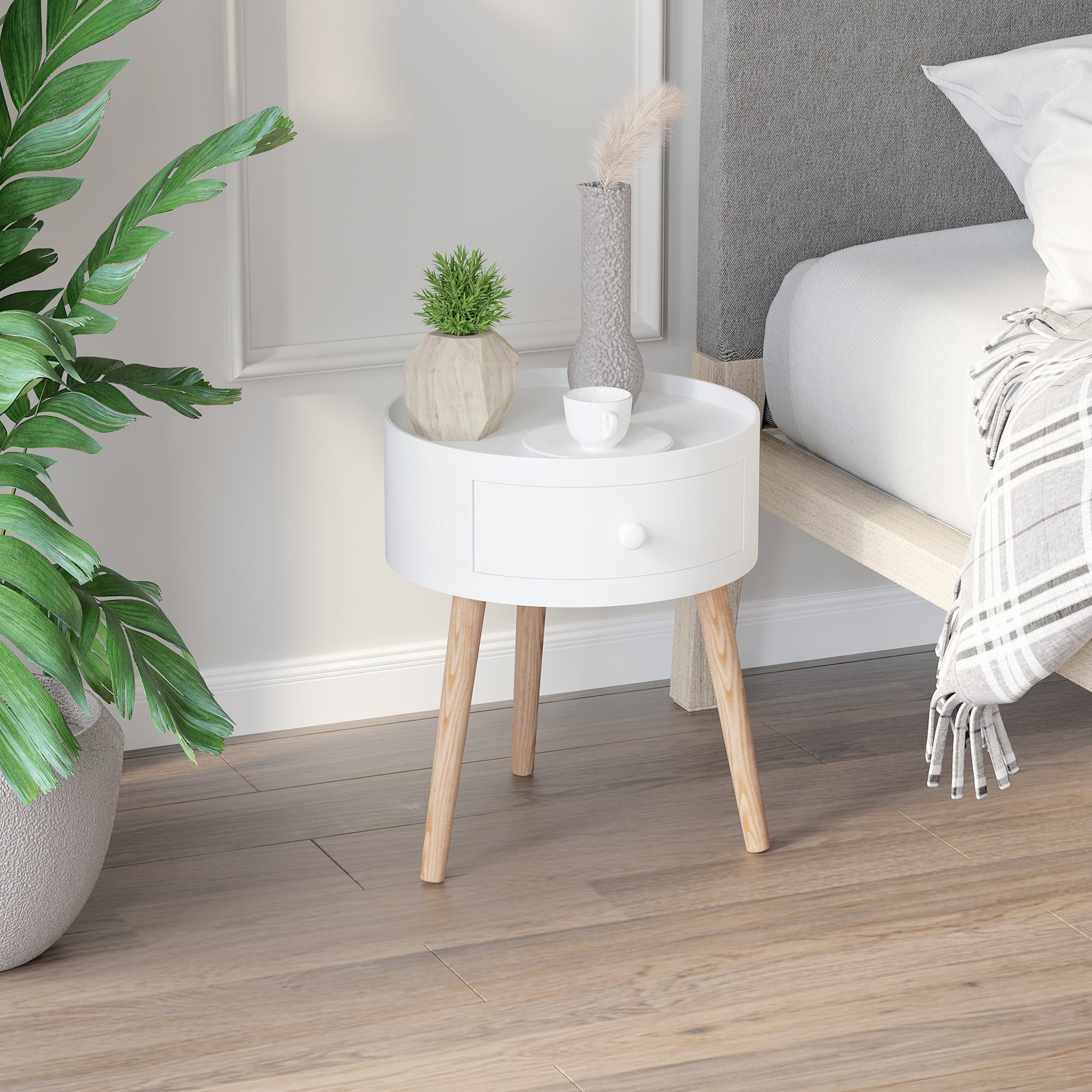 HOMCOM Modern Side Table, Small Coffee Table, Round Bedside Table with Drawer and Wood Legs for Living Room, Bedroom, White 