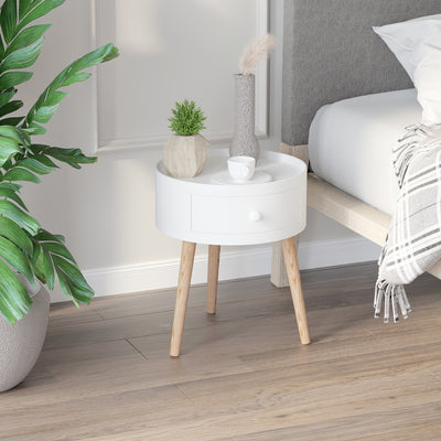 HOMCOM Modern Side Table, Small Coffee Table, Round Bedside Table with Drawer and Wood Legs for Living Room, Bedroom, White 