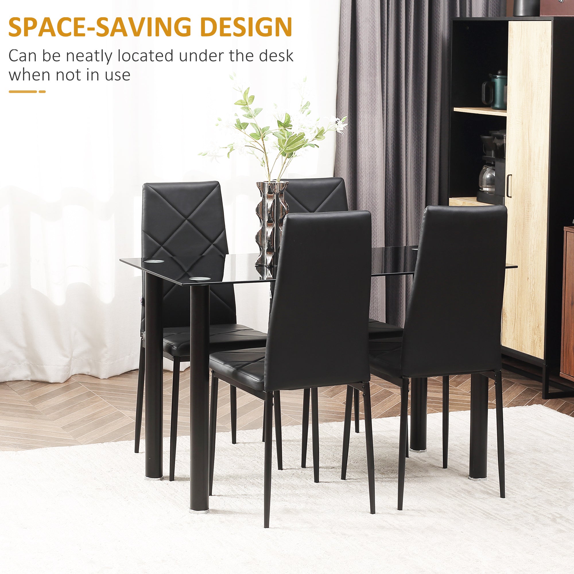 HOMCOM Modern Dining Table Set for 4, Space-Saving 5 Pieces Kitchen Table Set with Rectangle Table and Steel Frame, Black 