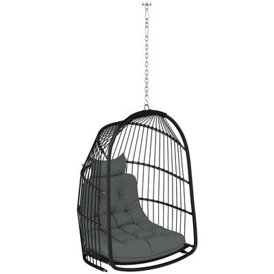 Outsunny Hanging Egg Chair, Foldable Rattan Garden Swing Chair with Installation Kit, Thickened Cushion and Headrest, Indoor Outdoor Hanging Egg Basket Seat for Patio, Porch, Dark Grey 