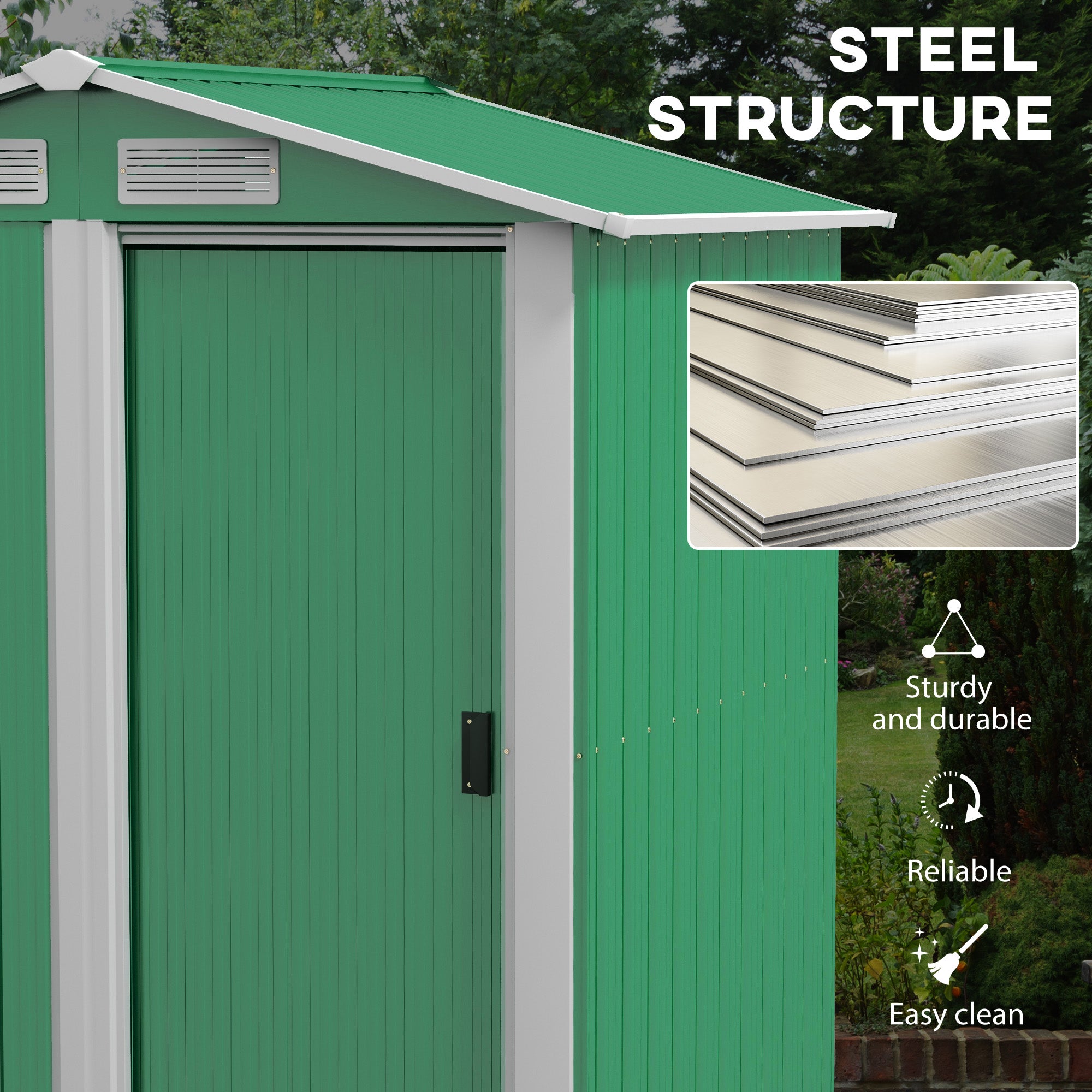 Outsunny Garden Metal Tool Storage Shed with Sliding Door, Sloped Roof and Floor Foundation, 152 x 132 x 188cm, Green