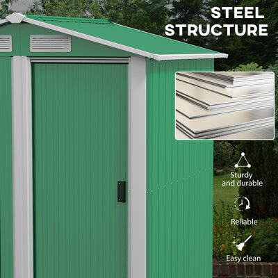 Outsunny Garden Metal Tool Storage Shed with Sliding Door, Sloped Roof and Floor Foundation, 152 x 132 x 188cm, Green 