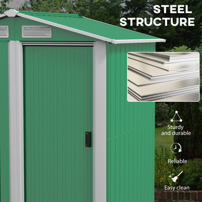 Outsunny Garden Metal Tool Storage Shed with Sliding Door, Sloped Roof and Floor Foundation, 152 x 132 x 188cm, Green