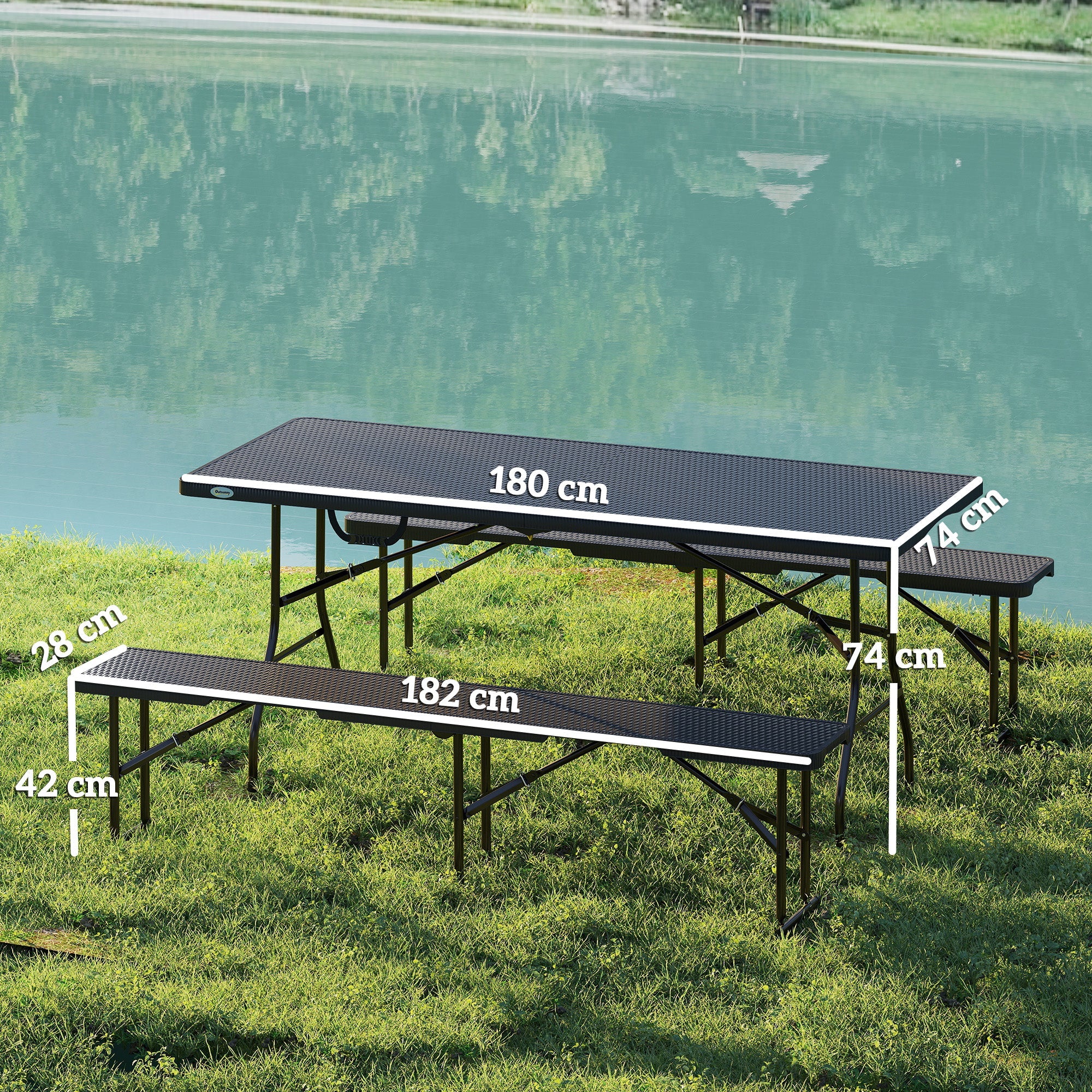 Outsunny Folding Picnic Table and Bench Set, Rattan Effect Portable Camping Table and Chairs with Carrying Handles for Indoor Outdoor, Dining, Camping, Picnic, BBQ, Party, Black 
