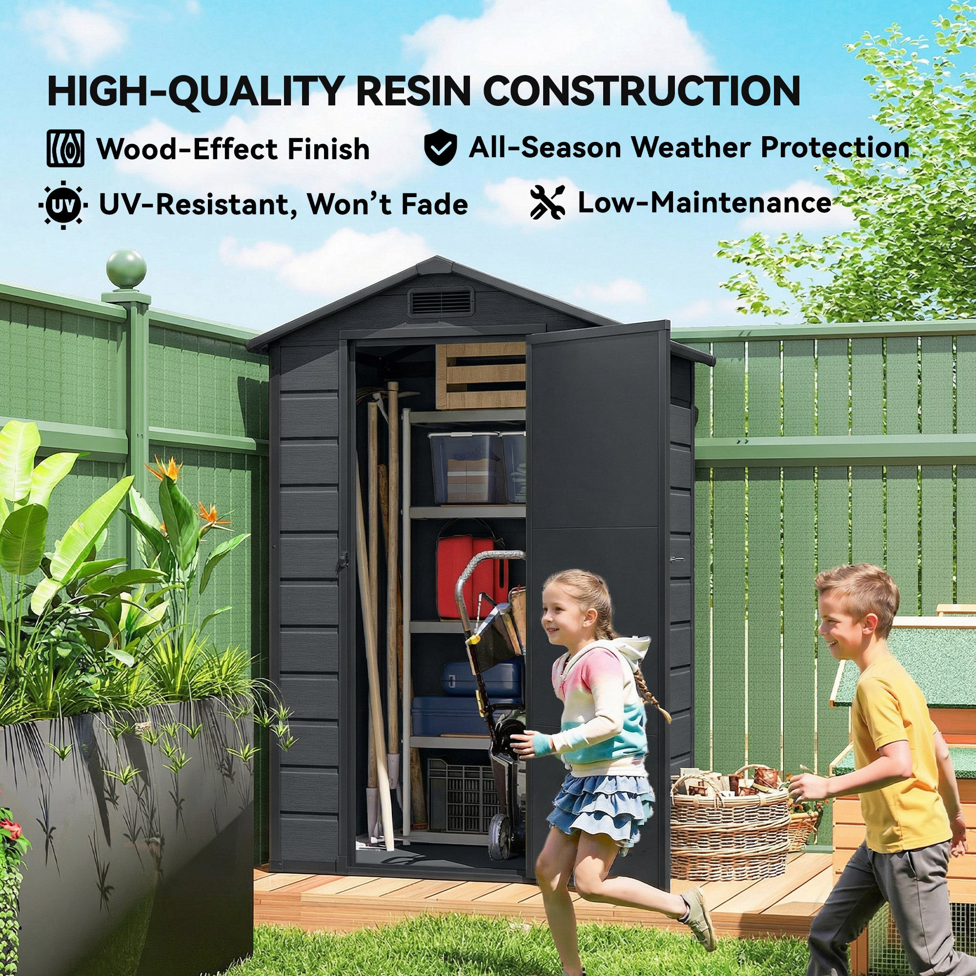 Outsunny 4 x 3 ft Plastic Garden Shed with Floor, Outdoor Storage Shed with Lockable Door, Window and Vent, Dark Grey 