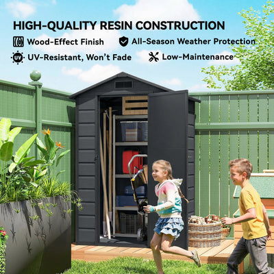 Outsunny 4 x 3 ft Plastic Garden Shed with Floor, Outdoor Storage Shed with Lockable Door, Window and Vent, Dark Grey 