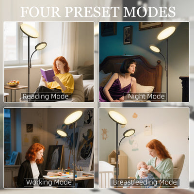 HOMCOM LED Floor Lamp for Living Room, Stepless Dimmable Standing Lamp, Mother and Child Uplighter with Reading Light, 4 Scene Modes, 2700K-6500K Colour Temps, 4 Brightness Levels, Remote Control 