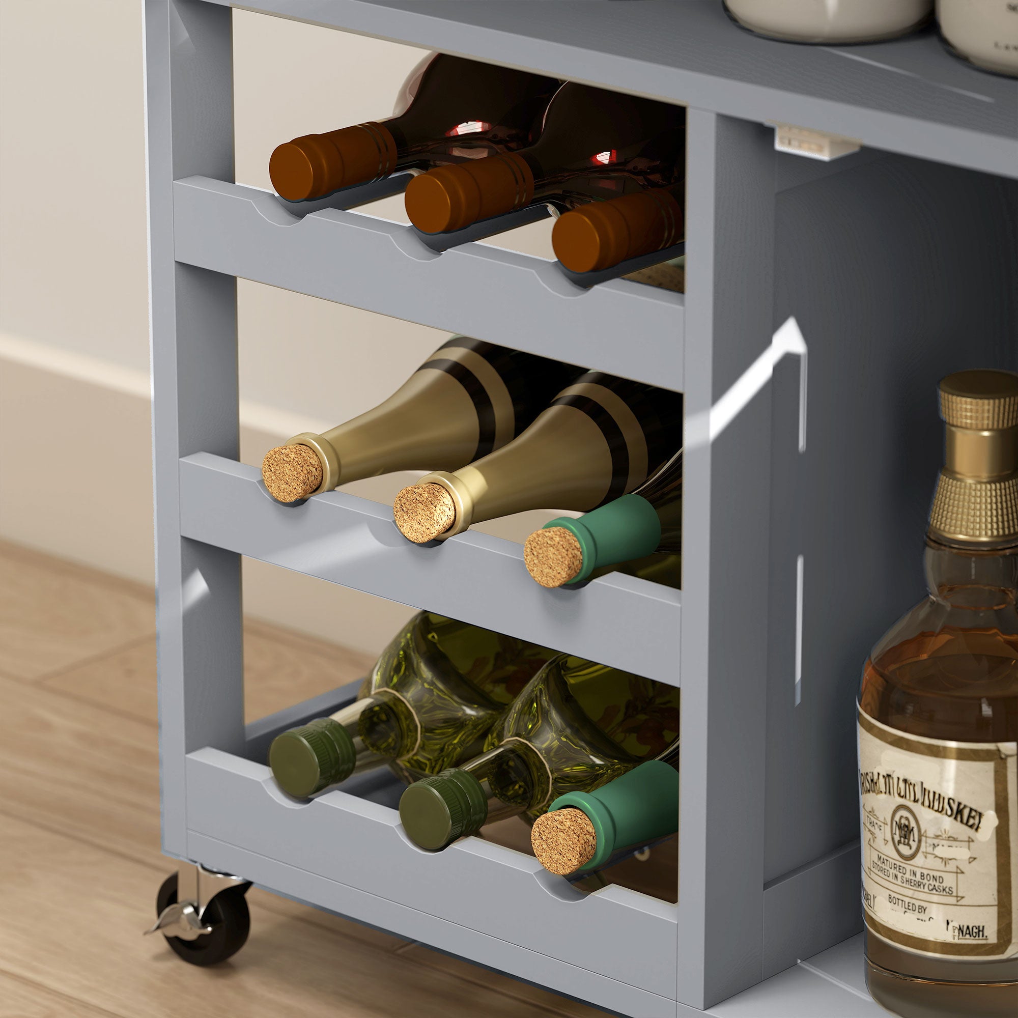 HOMCOM Modern Kitchen Trolley, Rolling Island Storage Cart with Drawer, 9-bottle Wine Rack, Door Cabinets, Wooden Countertop, Grey 