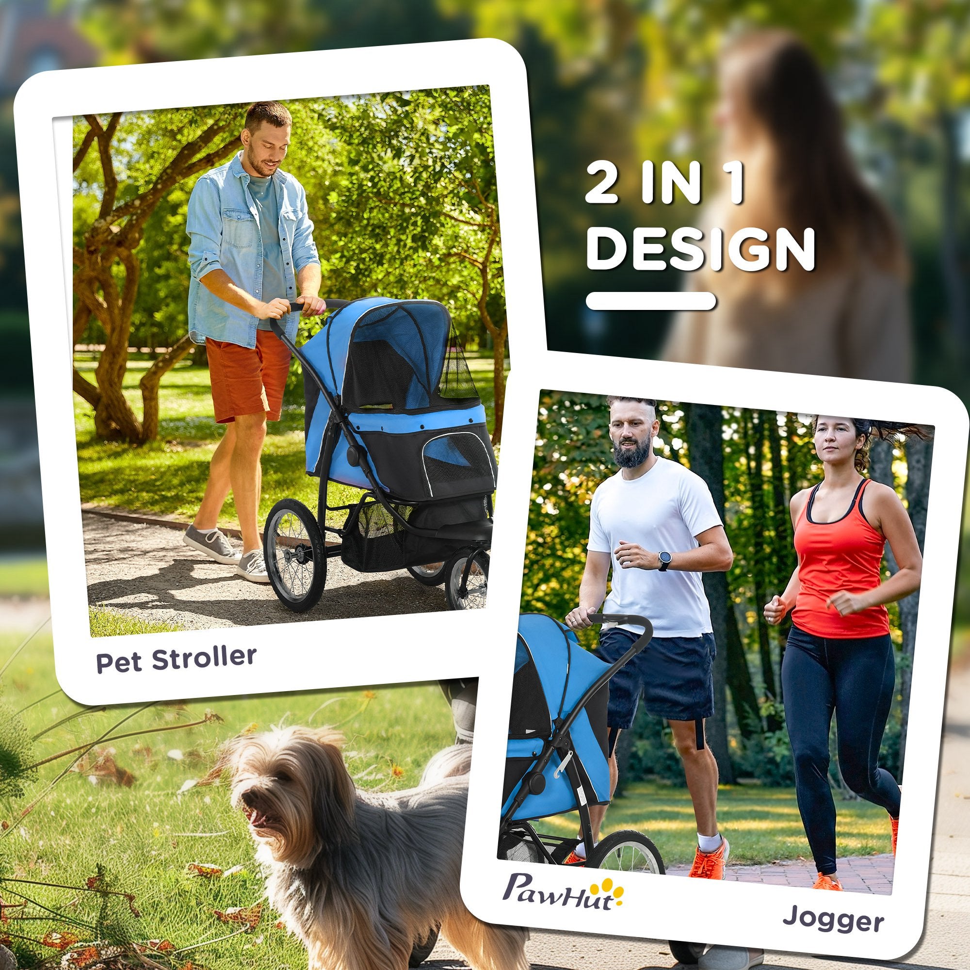PawHut Dog Pram Dog Stroller Jogger Foldable Pet Pushchair for Medium, Small Dogs, w/ Rubber Wheels, Washable Cushion - Blue 