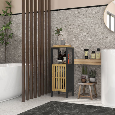 HOMCOM Bamboo-Blend Retro Cut-Out Bathroom Storage Unit, with Cupboard 
