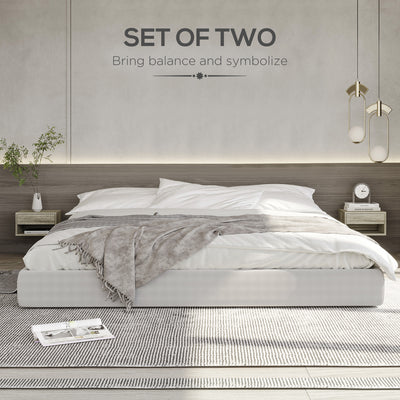 HOMCOM Set of Two Floating Bedside Tables Wall Mounted Nightstands with Drawer and Shelf for Bedroom, Brown Wood-Effect 