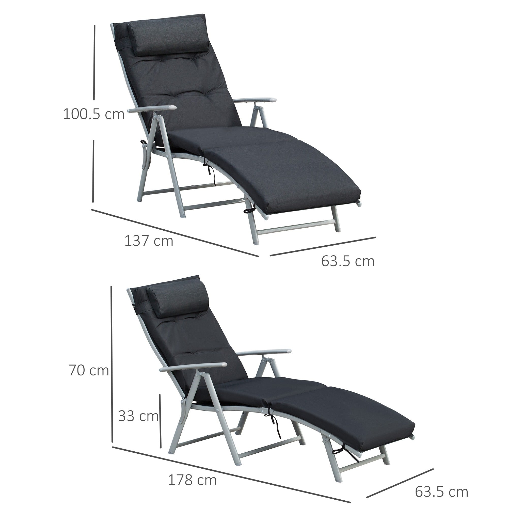 Outsunny Steel Frame Outdoor Garden Padded Sun Lounger w/ Pillow Black 