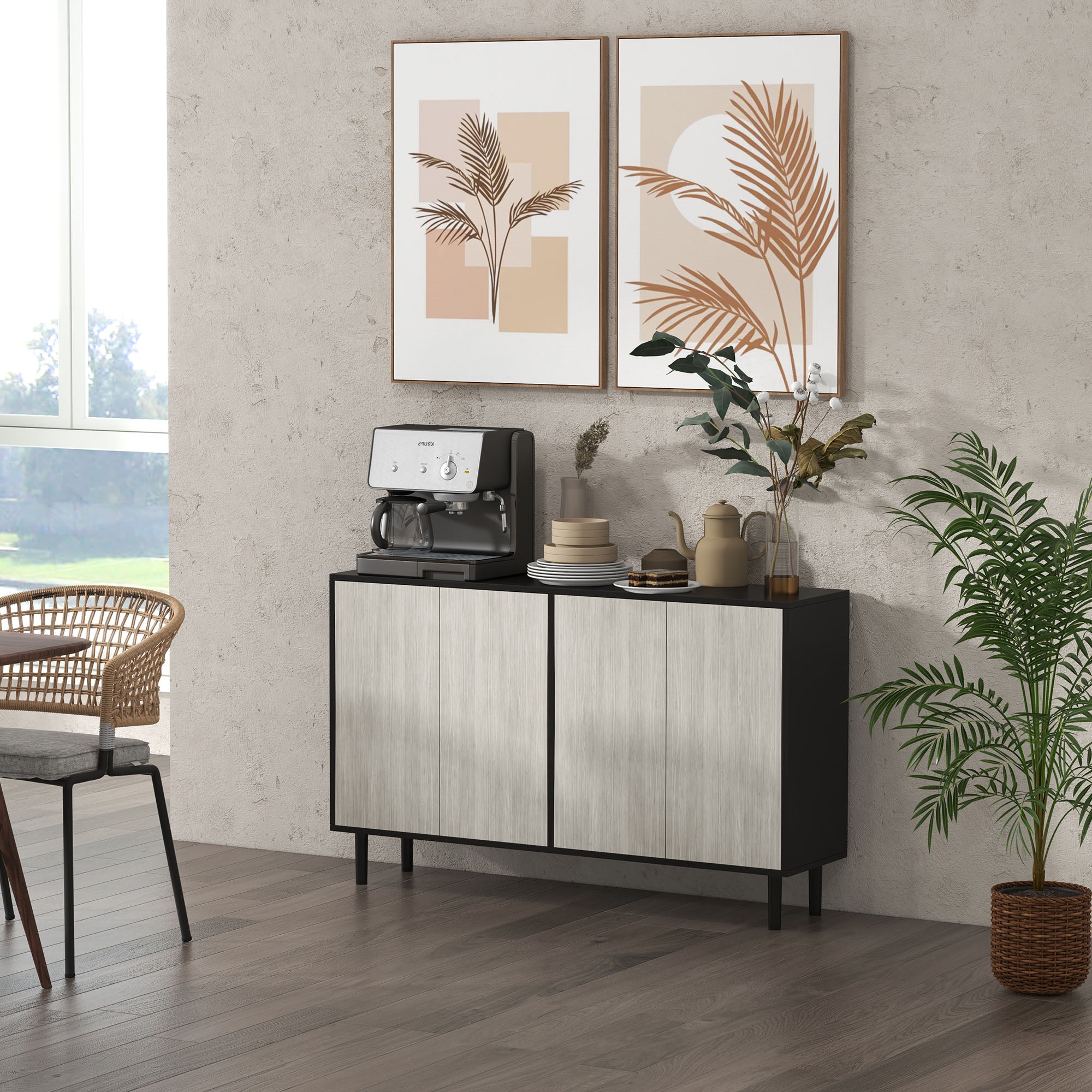 HOMCOM Kitchen Sideboard Storage Cabinet for Living Room with Adjustable Shelves 4 Doors and Pine Wood Legs Black 