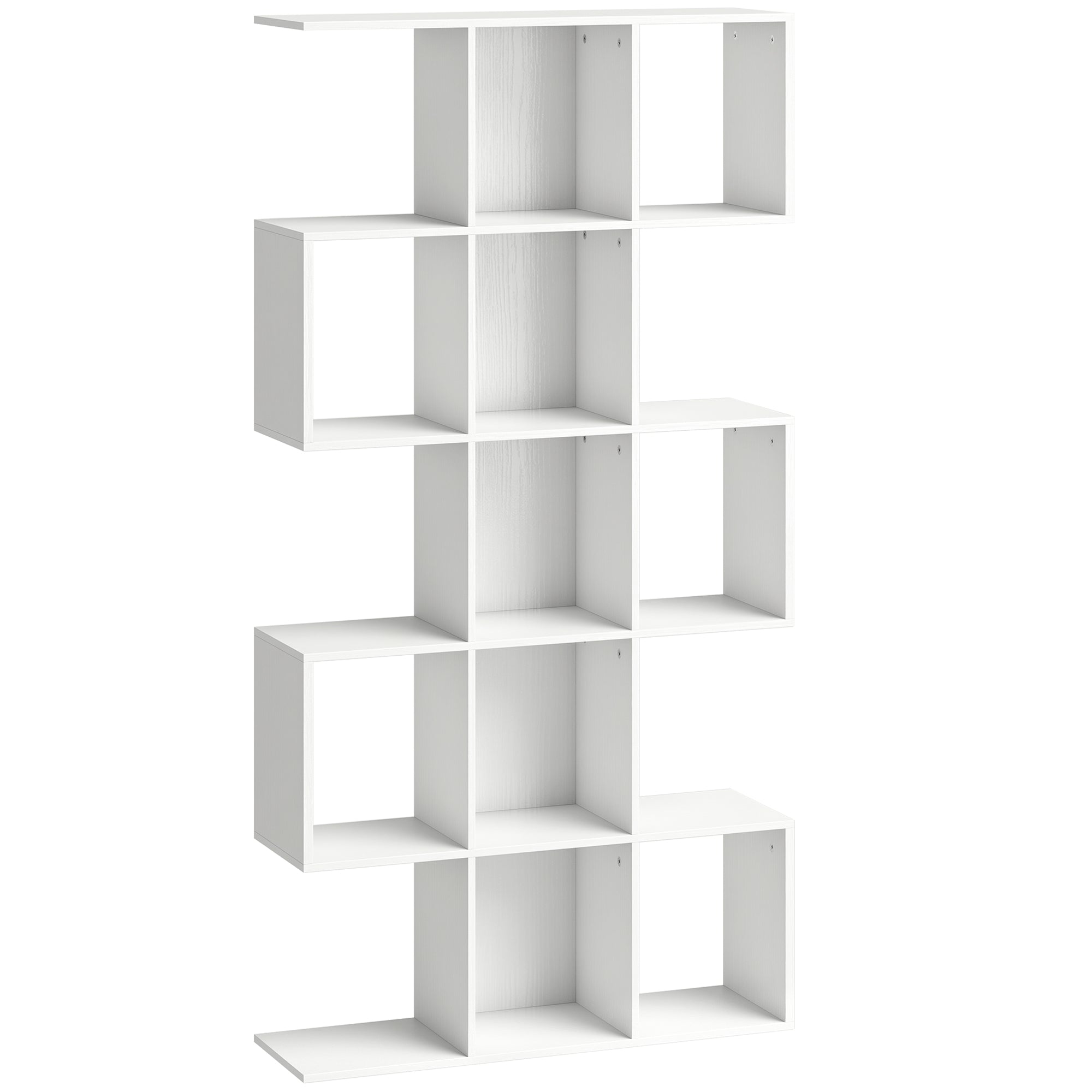 HOMCOM 5-Tier Bookshelf, S Shaped Geometric Bookcase with 15 Compartments, White Wood Effect 