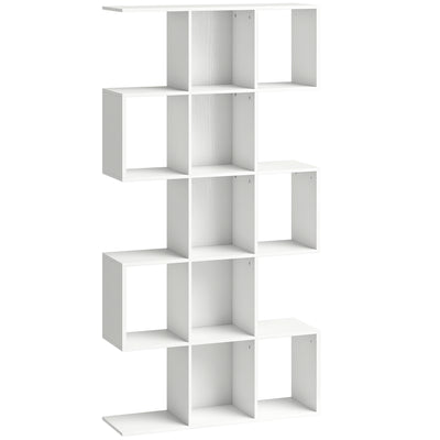 HOMCOM 5-Tier Bookshelf, S Shaped Geometric Bookcase with 15 Compartments, White Wood Effect 