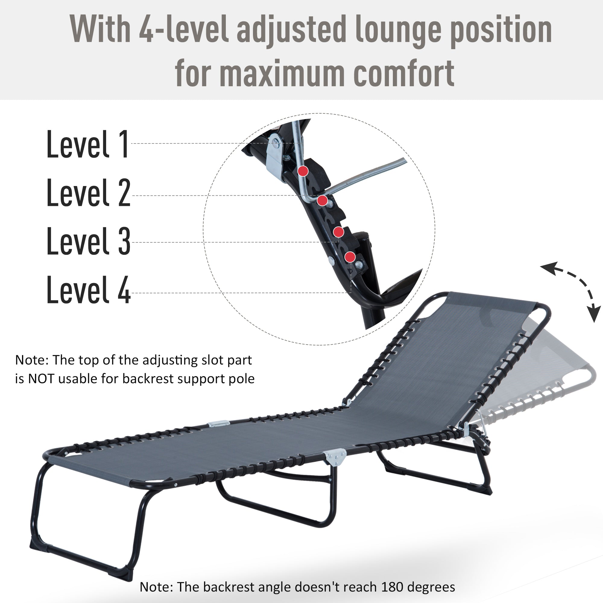 Outsunny Foldable Sun Lounger, Outdoor 4 Level Adjustable Backrest Reclining Chaise Chair, Steel Frame Recliner Chair for Camping, Hiking, Grey 