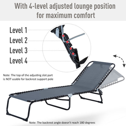Outsunny Foldable Sun Lounger, Outdoor 4 Level Adjustable Backrest Reclining Chaise Chair, Steel Frame Recliner Chair for Camping, Hiking, Grey 