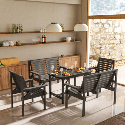 Outsunny 5 Piece Wooden Garden Dining Set for 6, Outdoor Conversation Set with 2 Armchairs, 2 Loveseats and Dining Table with Umbrella Hole for Patio, Balcony, Grey 