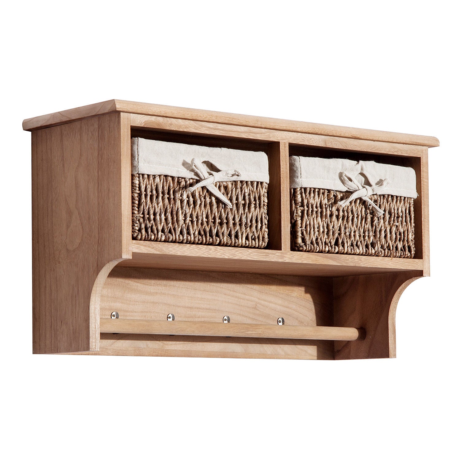 HOMCOM Entryway Coat Rack Wall Mounted Shelf w/ 2 Corn Husk Baskets and Hooks, Brown 