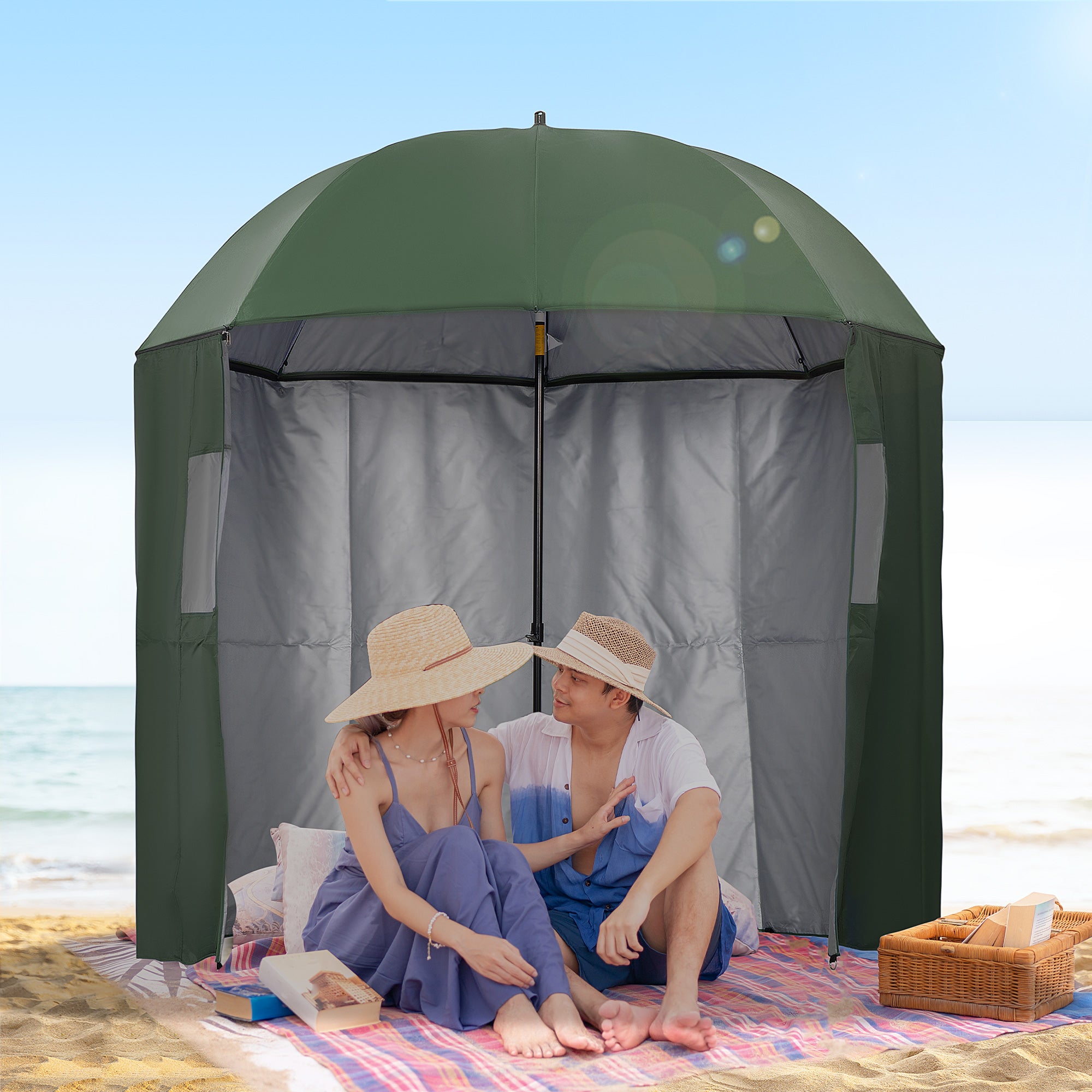 Outsunny 2m Beach Parasol Fishing Umbrella Brolly with Sides and Push Botton Tilt Sun Shade Shelter with Carry Bag, UV30+, Green 