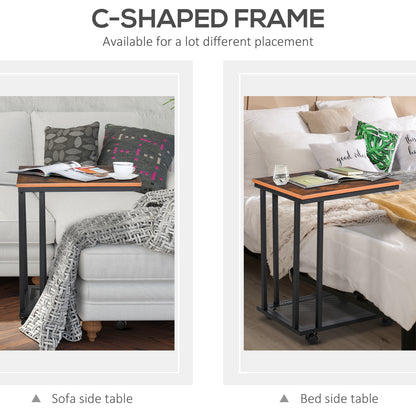 HOMCOM C Shaped Side Table with Wheels, Mobile End Table, Laptop Stand with Metal Frame and Storage Shelf, Rustic Brown 