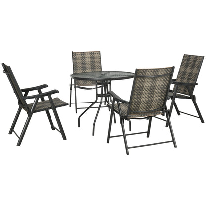 Outsunny 4 Seater Rattan Dining Set, Rattan Garden Furniture Set with Parasol Hole, Outdoor Dining Table and Chairs with 4 Armchairs, Round Glass Top Table for Patio, Balcony, Mixed Grey 