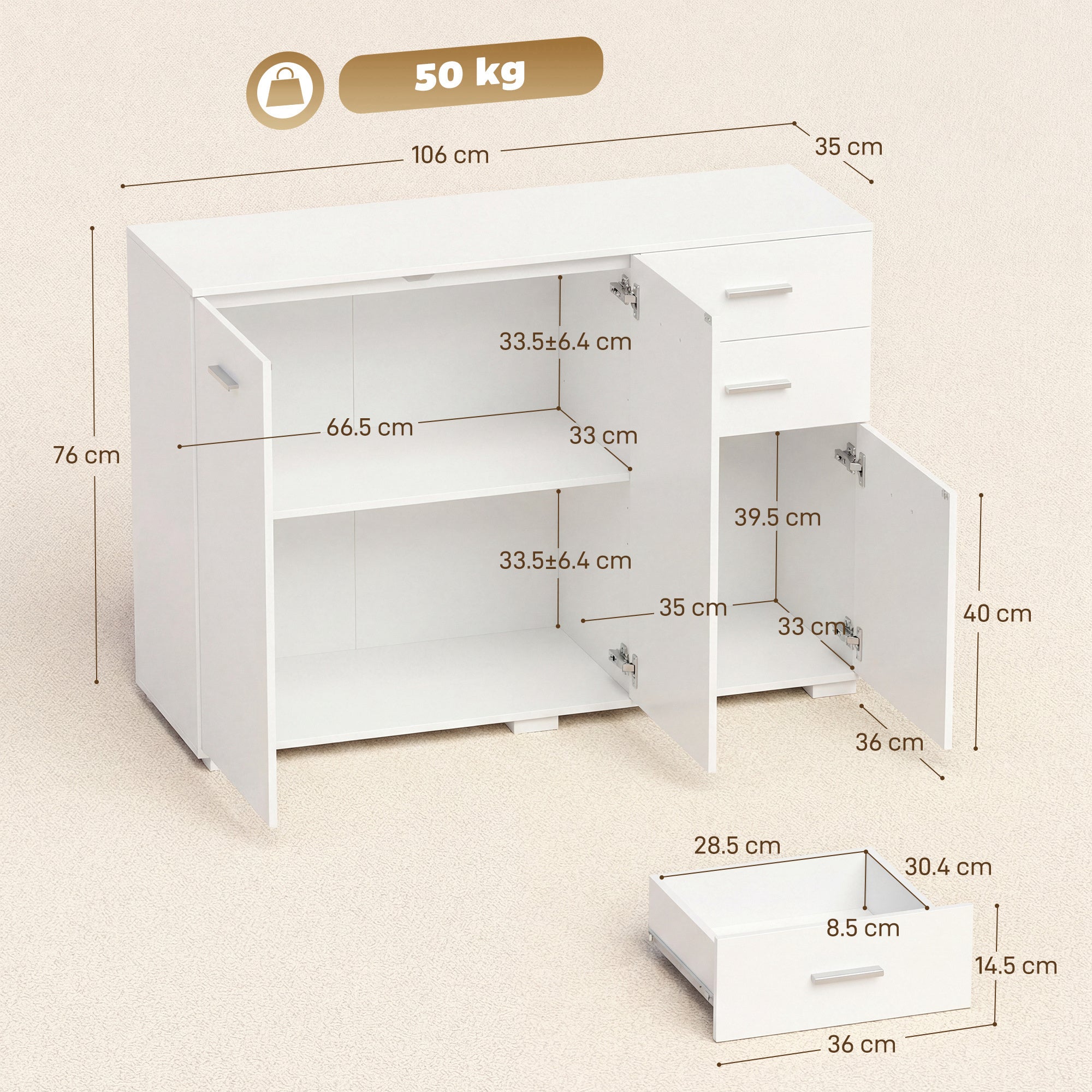 HOMCOM Sideboard, Modern Storage Cabinet with 2 Drawers, 3 Doors and Adjustable Shelves, White 