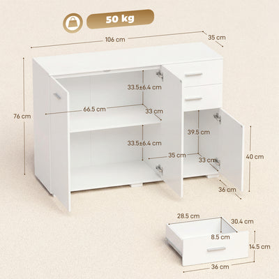 HOMCOM Sideboard, Modern Storage Cabinet with 2 Drawers, 3 Doors and Adjustable Shelves, White 