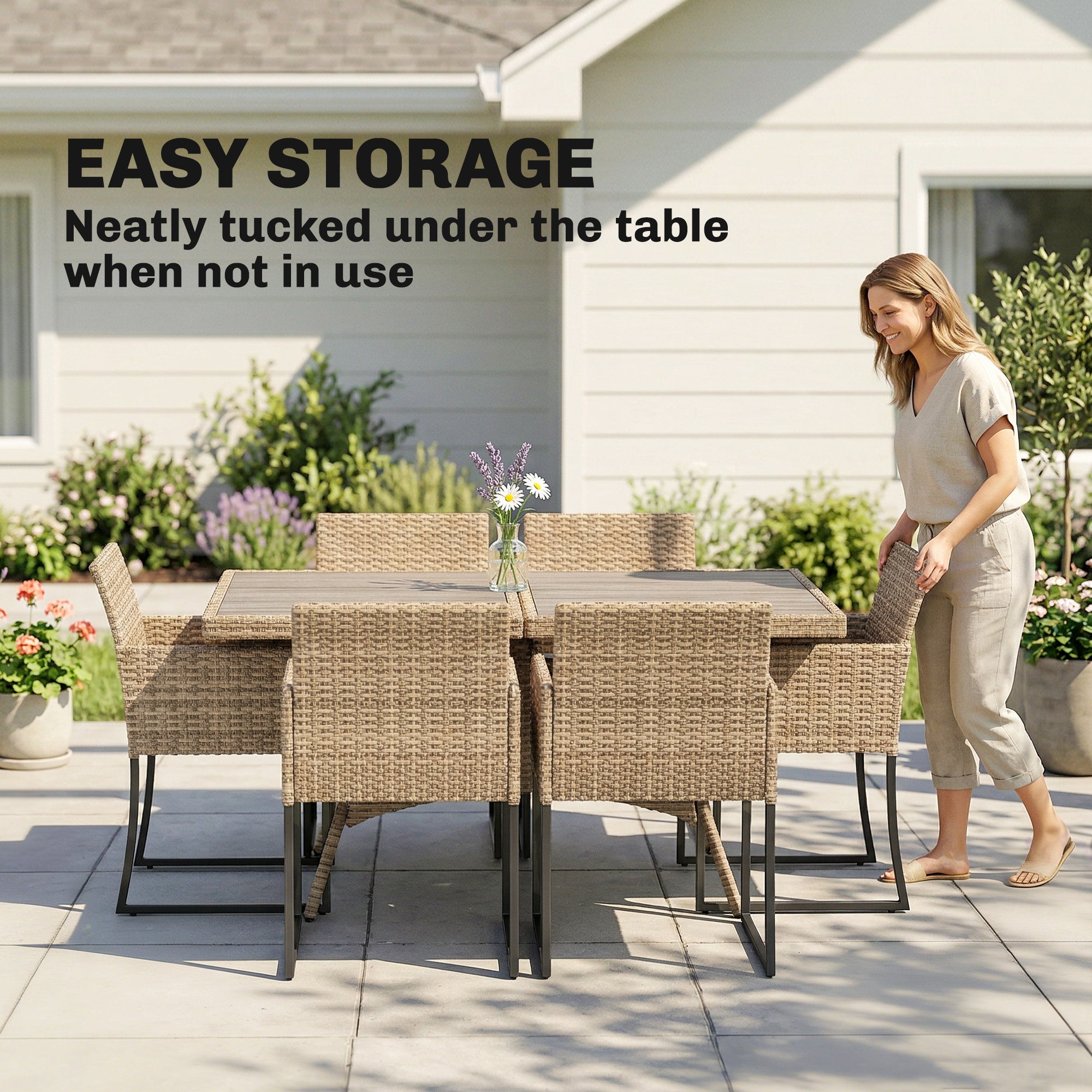 Outsunny 7 Piece Rattan Garden Furniture Set, Garden Dining Set with Wood-Plastic Table and 6 Stackable Chairs, Dark Grey 
