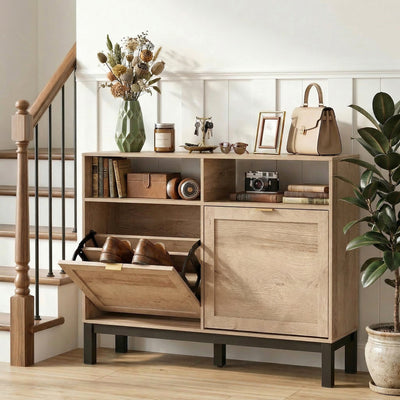 HOMCOM Shoe Cabinet with 2 Flip Drawers, Narrow Shoe Storage Top for Entryway Hallway, Walnut Brown 