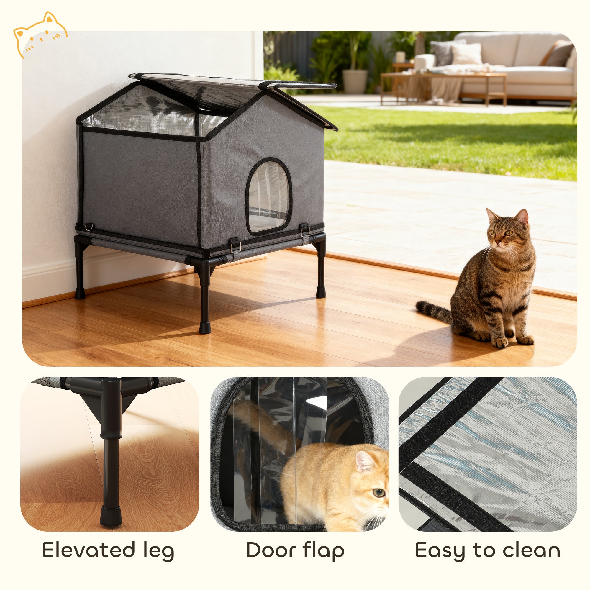 PawHut Outdoor Cat House, Waterproof Insulated Cat Kennel with Elevated Base, Foldable Feral Kitty Shelter for Kittens, Grey 