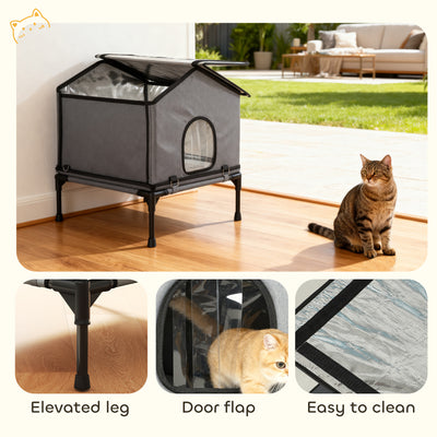 PawHut Outdoor Cat House, Waterproof Insulated Cat Kennel with Elevated Base, Foldable Feral Kitty Shelter for Kittens, Grey 