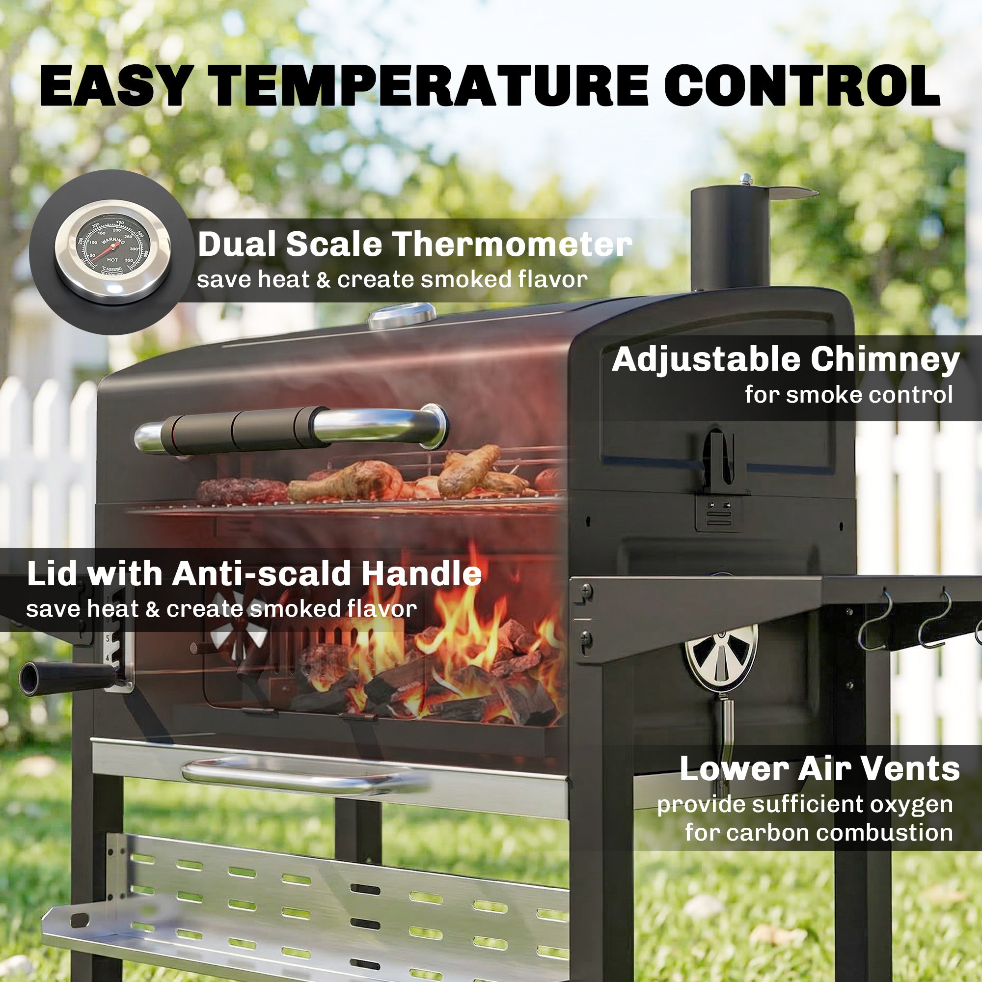 Outsunny Charcoal BBQ Grill Smoker with Electric Rotisserie Kit, Portable Barbecue Grill with Warming Rack, Black 