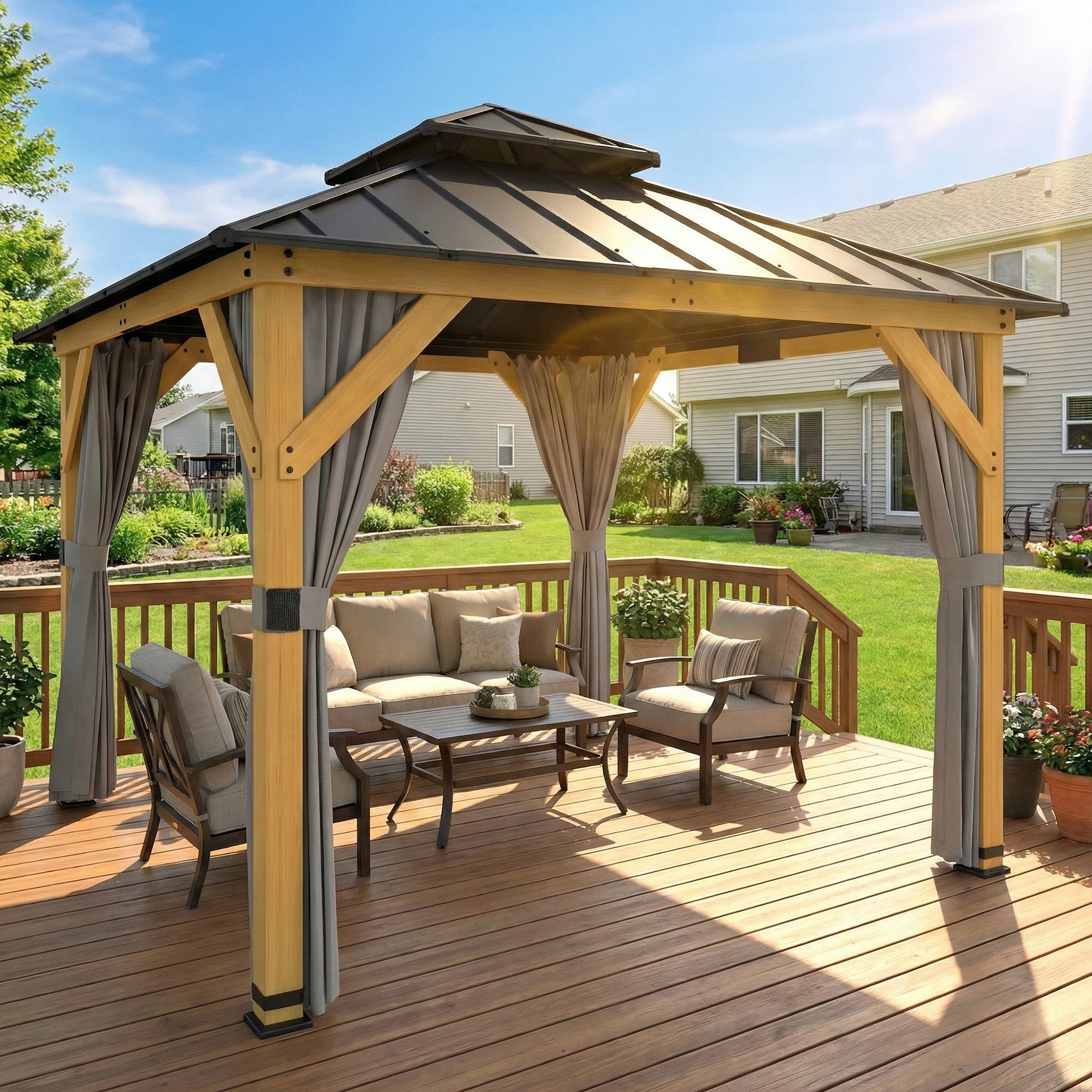 Outsunny 3 x 3 m Outdoor Hardtop Gazebo Canopy with 2-Tier Steel Roof, Wood Garden Gazebo with Curtains, Grey 