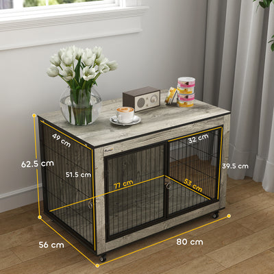 PawHut Dog Crate Furniture with Wheels, Double Doors, for Medium Dogs, 80 x 56 x 62.5cm, Grey 