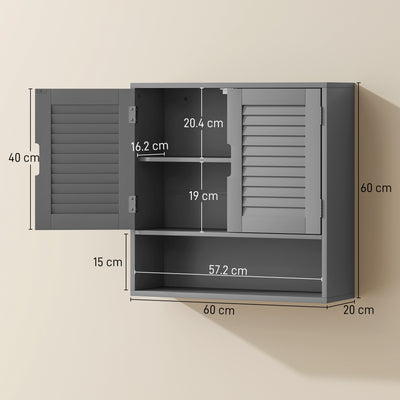 HOMCOM Bathroom Cabinet, Wall Mounted Storage Cabinet with Adjustable Shelves, 60 x 20 x 60 cm, Grey 