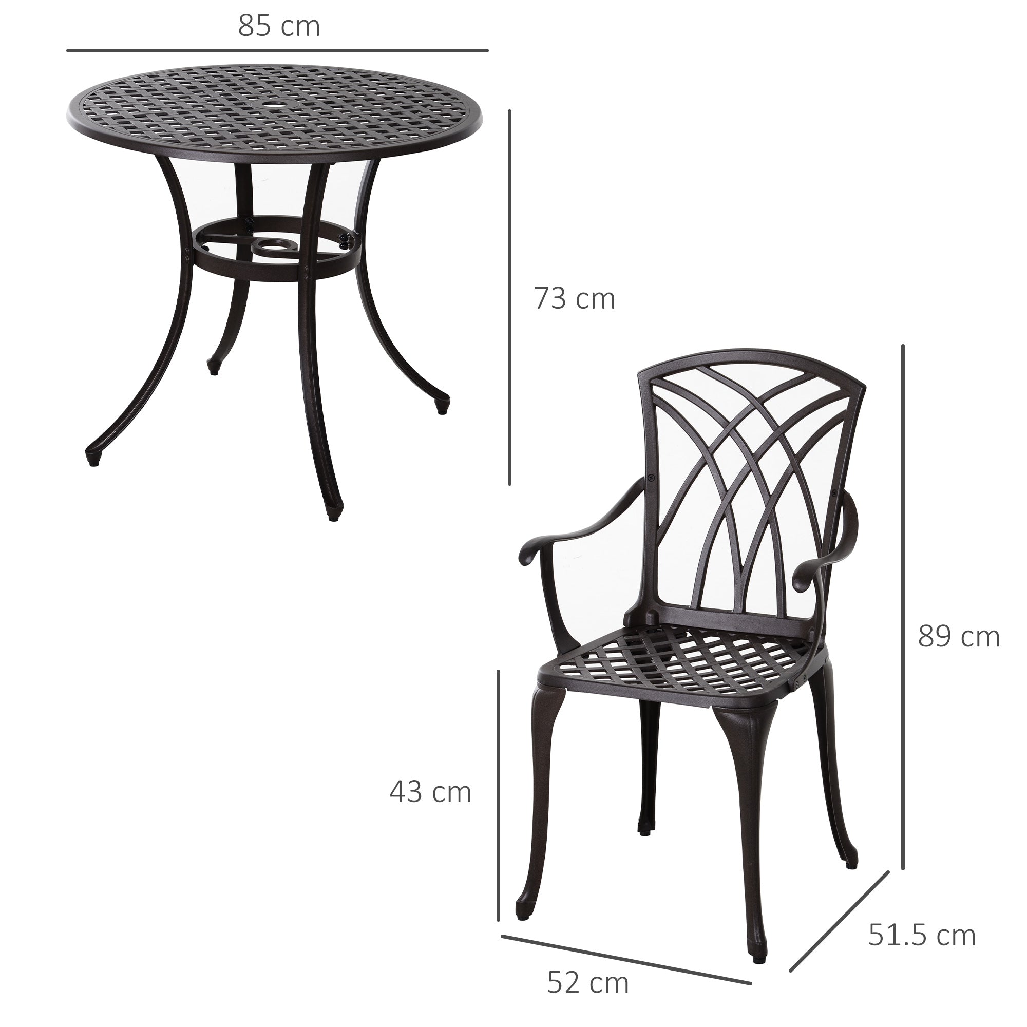 Outsunny 5 Pieces Garden Dining Set for 4, Cast Aluminium Outdoor Dining Set with 4 Armchairs and Round Dining Table with Parasol Hole, Garden Furniture Set, Brown 