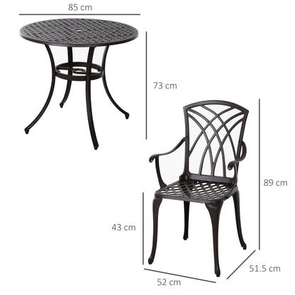 Outsunny 5 Pieces Garden Dining Set for 4, Cast Aluminium Outdoor Dining Set with 4 Armchairs and Round Dining Table with Parasol Hole, Garden Furniture Set, Brown 