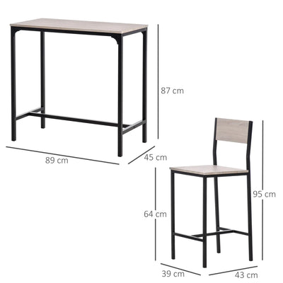 HOMCOM 3 Pcs Table Stool Set Industrial Design w/ Metal Frame Oak Tone MDF Panels Minimal Compact Beautiful 