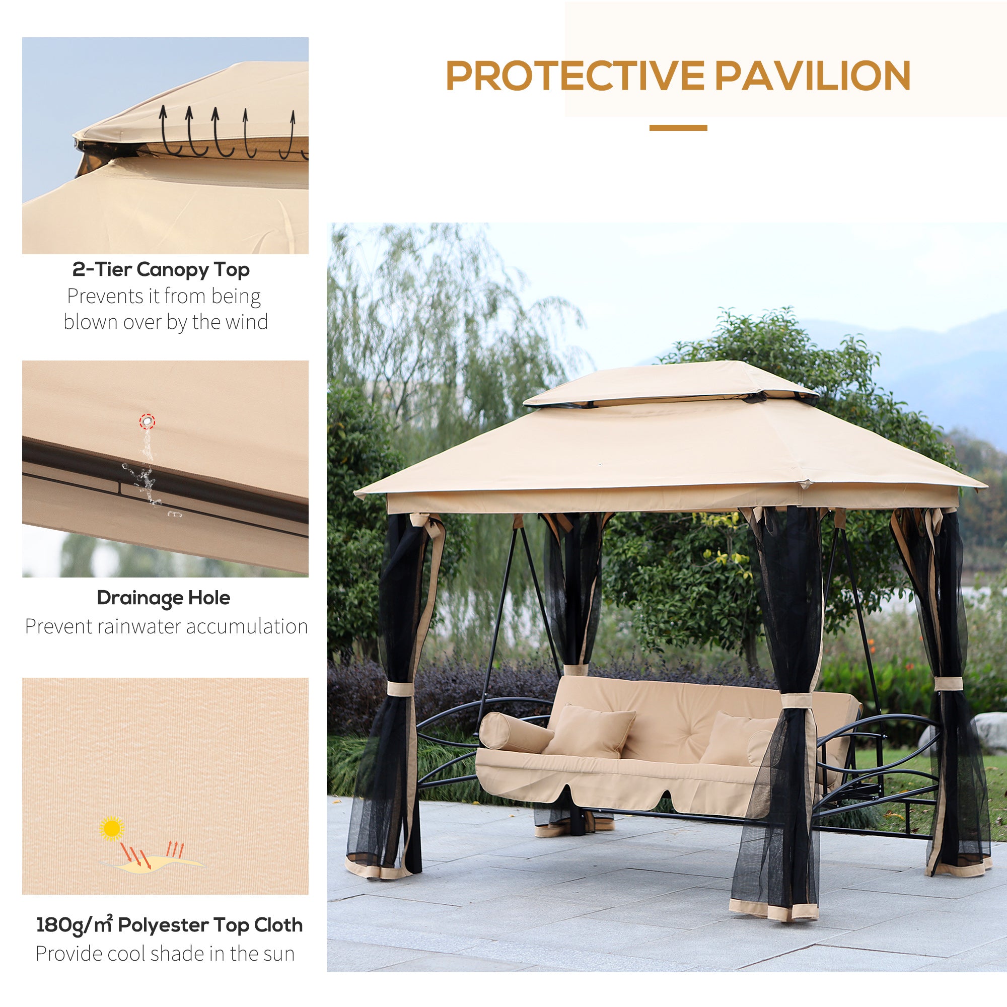 Outsunny 3 Seater Swing Chair 3-in-1 Convertible Garden Swing Seat Bed Gazebo Patio Bench Outdoor with Double Tier Canopy, Cushioned Seat, Mesh Sidewalls, Beige 