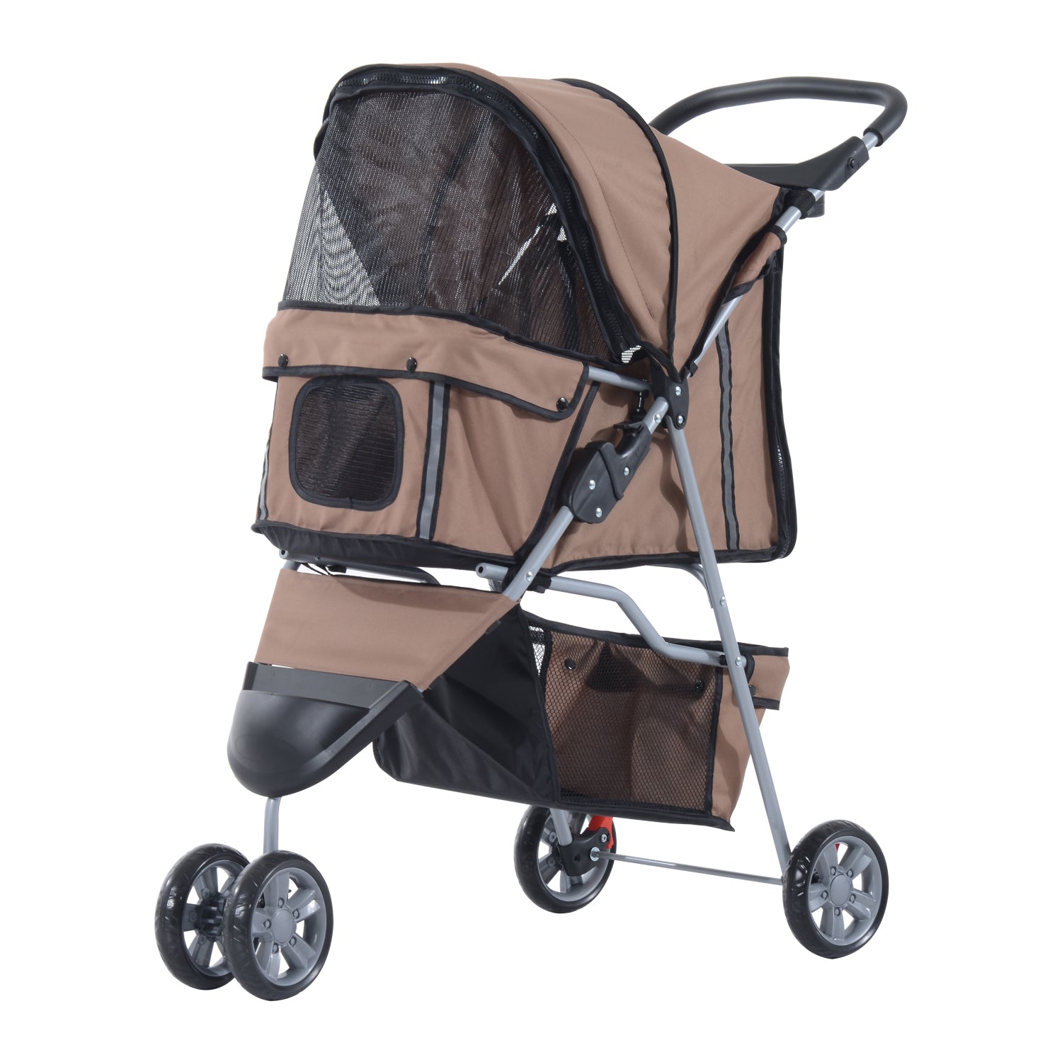 PawHut Dog Stroller, 3 Wheels Foldable Cat Dog Pram with Cup Holder, Storage Basket, Pet Stroller for Small Miniature Dogs, Brown 